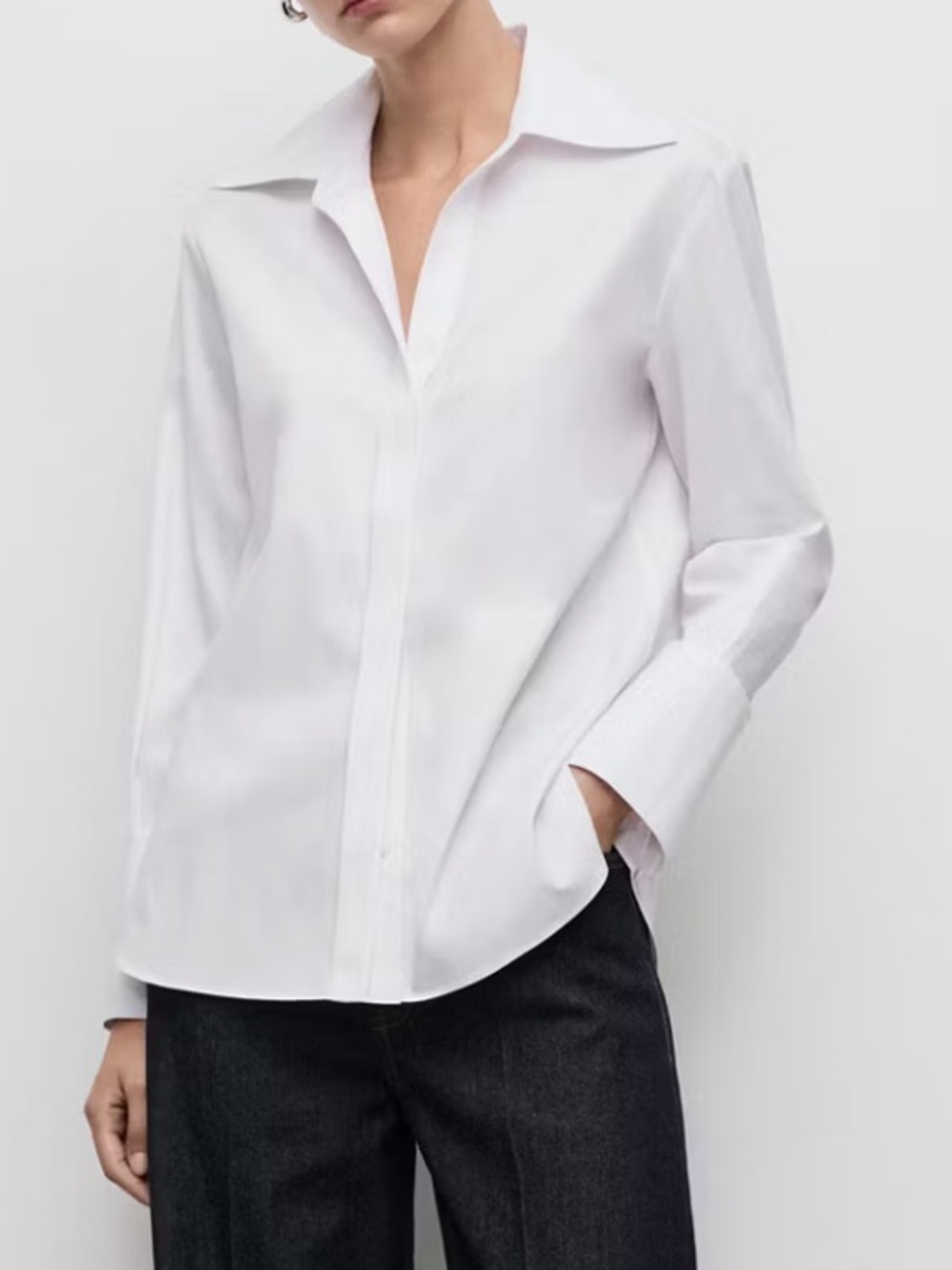 Mango White Long-Sleeve Dress Shirt SHIRT WITH CONCEALED PLACKET AND COLLAR 4080